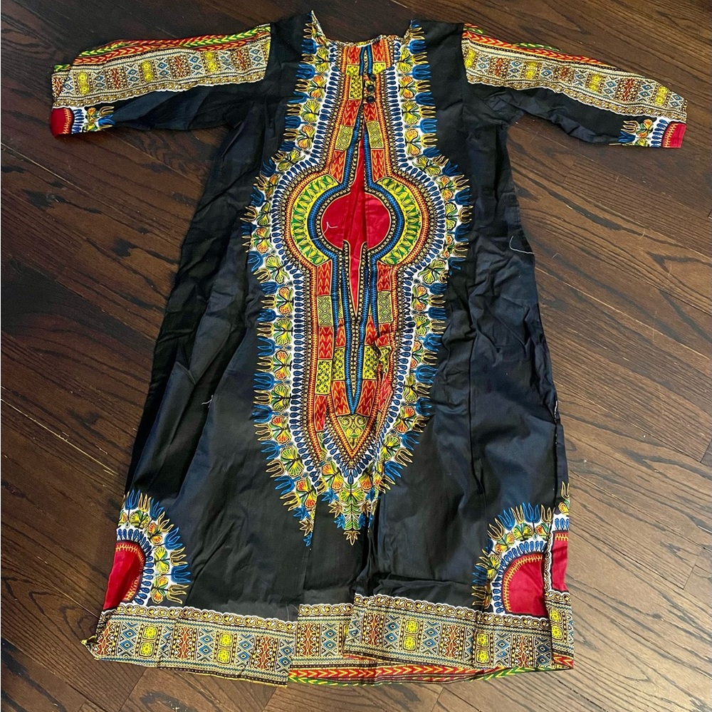 Long African Dashiki cotton cardigan coat jacket Red tones with pockets L